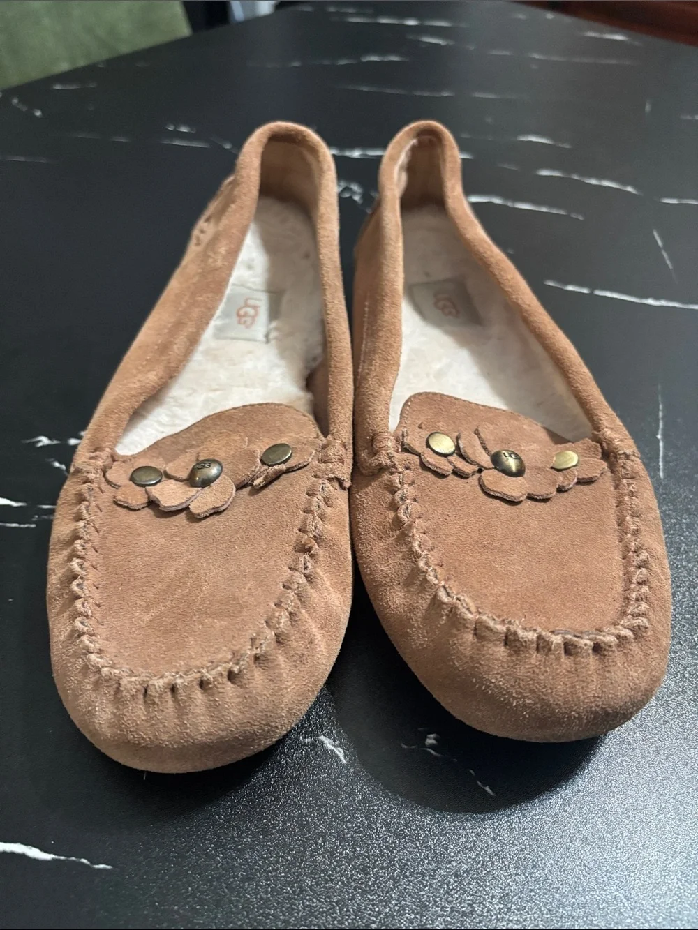 UGG Chestnut Suede Floral Studded Espadrille Flats